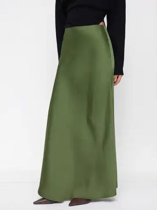 Satin Mid Rise Ruffle Maxi Skirt