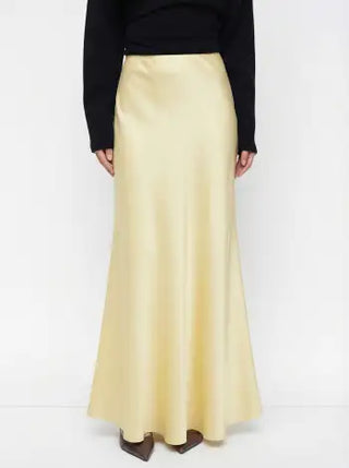 Satin Mid Rise Ruffle Maxi Skirt