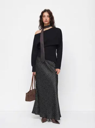 Satin Mid Rise Ruffle Maxi Skirt