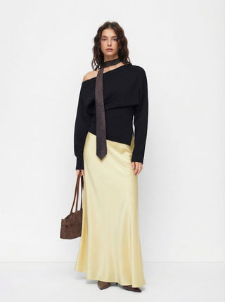 Satin Mid Rise Ruffle Maxi Skirt