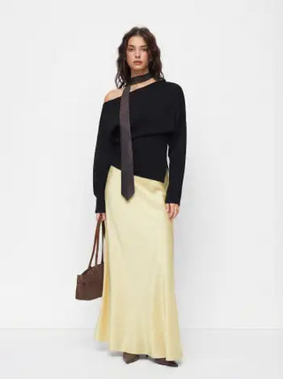 Satin Mid Rise Ruffle Maxi Skirt