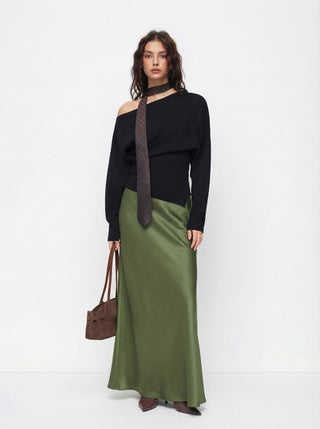 Satin Mid Rise Ruffle Maxi Skirt