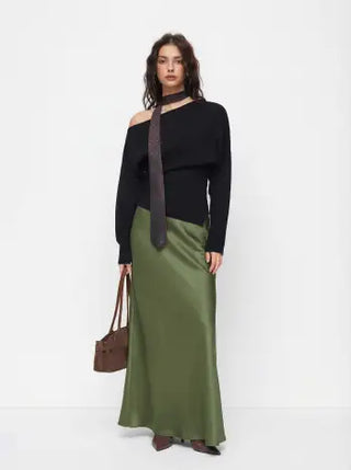 Satin Mid Rise Ruffle Maxi Skirt