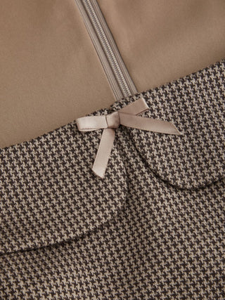 Jacquard Jacquard Square Neck Houndstooth Bowknot Flared Mini Dress For Daily Casual Coffee Shop