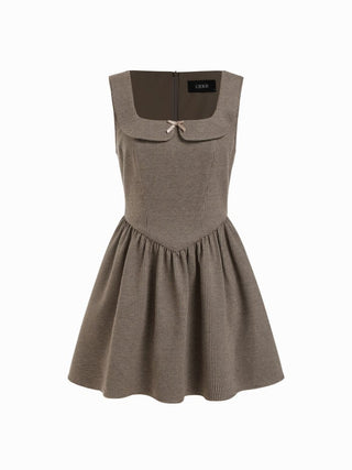 Jacquard Jacquard Square Neck Houndstooth Bowknot Flared Mini Dress For Daily Casual Coffee Shop