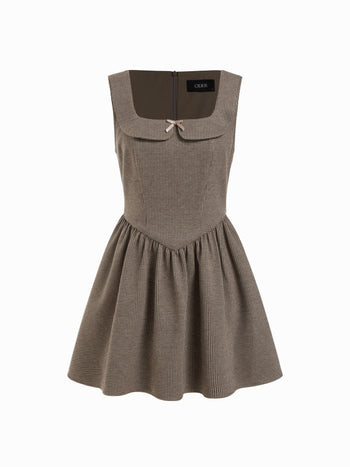 Jacquard Jacquard Square Neck Houndstooth Bowknot Flared Mini Dress For Daily Casual Coffee Shop