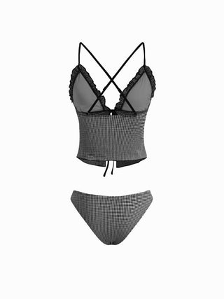V-neck Gingham Bowknot Lettuce Trim Tankini Bikini Set