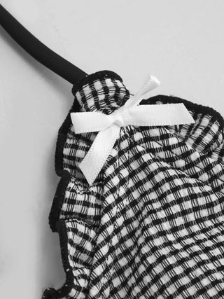 V-neck Gingham Bowknot Lettuce Trim Tankini Bikini Set