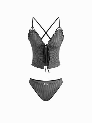 V-neck Gingham Bowknot Lettuce Trim Tankini Bikini Set