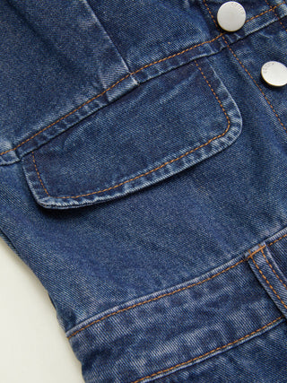Denim V-Neck Button Front Metal Detail Jumpsuit