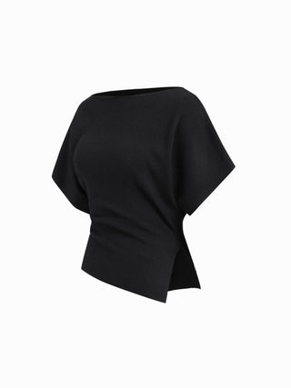 Knit Fabric Knit Boat Neck Asymmetrical Hem Spilt Batwing Sleeve Top  For Daily Casual Work