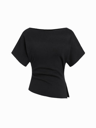 Knit Fabric Knit Boat Neck Asymmetrical Hem Spilt Batwing Sleeve Top  For Daily Casual Work