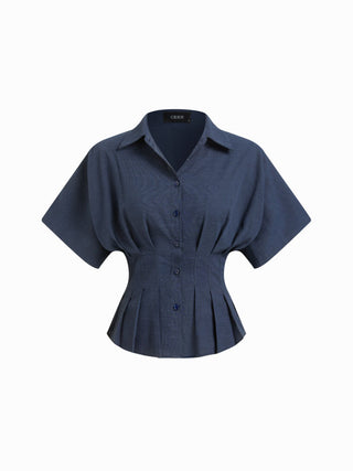 Linen-blend Linen-blend Collar V-neck Pleated Short Sleeve Shirt For Work