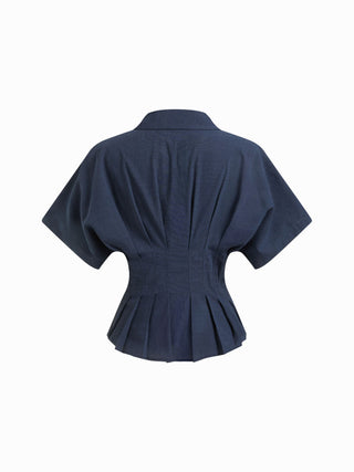 Linen-blend Linen-blend Collar V-neck Pleated Short Sleeve Shirt For Work