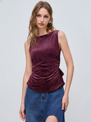 Valentine Knit Fabric Boat Neck Floral Knotted Ruched Crop Tank Top For Coffee Shop