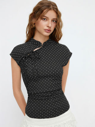 Polka Dot Mandarin Collar Short Sleeve Knotted Ruched Top