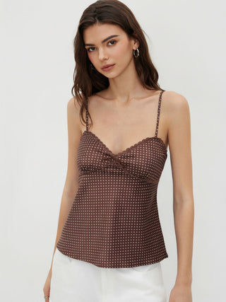 Sweetheart Neckline Polka Dot Lace Trim Knotted Cami Top
