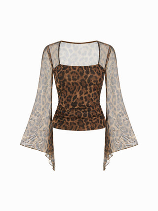 Chiffon Leopard Square Neck Bell Sleeve Top