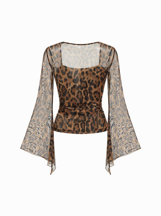 Chiffon Leopard Square Neck Bell Sleeve Top