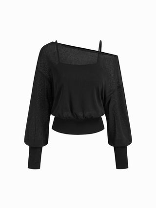 Knit Fabric Cotton-blend Textured Asymmetrical Neck Lantern Sleeve Oversized Top & Cami Top For Daily Casual