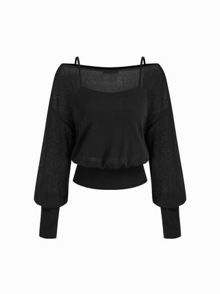 Knit Fabric Cotton-blend Textured Asymmetrical Neck Lantern Sleeve Oversized Top & Cami Top For Daily Casual