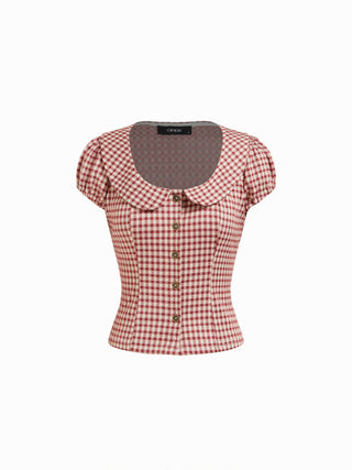 Woven Red Gingham Peter Pan Collar Puff Sleeve Crop Blouse For Daily Casual Date