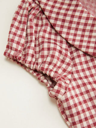 Woven Red Gingham Peter Pan Collar Puff Sleeve Crop Blouse For Daily Casual Date