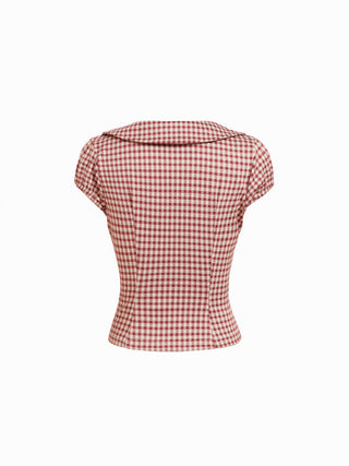 Woven Red Gingham Peter Pan Collar Puff Sleeve Crop Blouse For Daily Casual Date