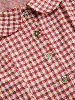 Woven Red Gingham Peter Pan Collar Puff Sleeve Crop Blouse For Daily Casual Date
