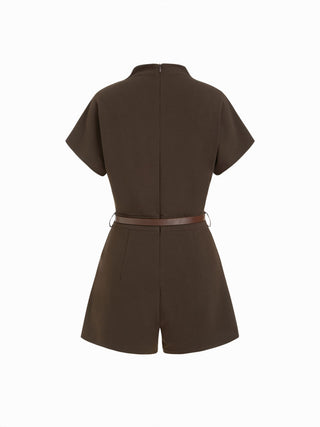 Stand Collar Romper With Belt