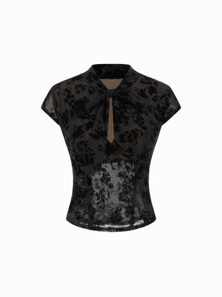 Floral Lace Round Neckline Bowknot Tie Front Top