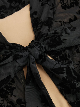 Floral Lace Round Neckline Bowknot Tie Front Top