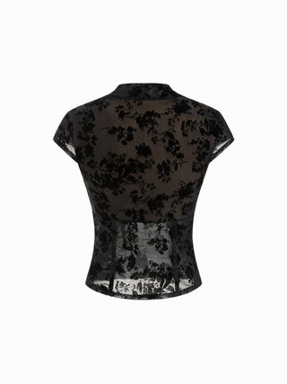 Floral Lace Round Neckline Bowknot Tie Front Top