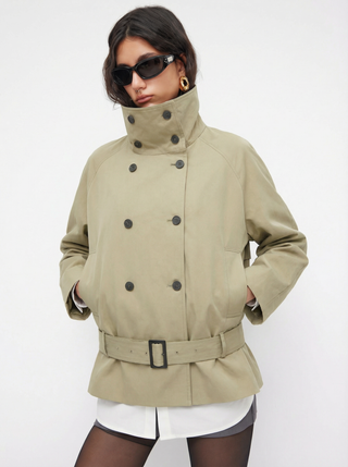 Multi-way Cotton Funnel Neck Double Breasted Oversized Windbreaker With Belt