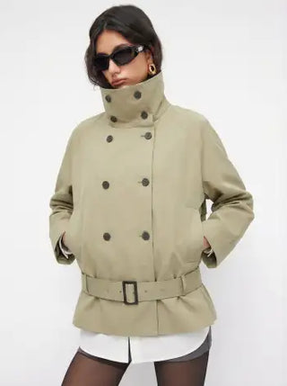 Multi-way Cotton Funnel Neck Double Breasted Oversized Windbreaker With Belt