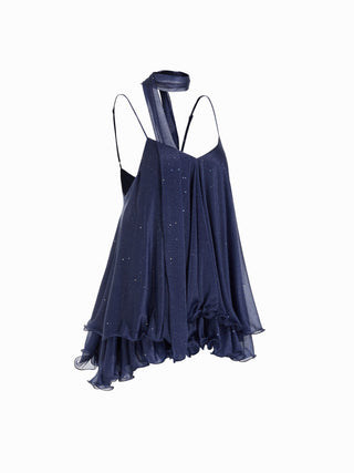 Sequin V-Neck Halter Ruffled Hem Oversized Mini Dress With Scarf
