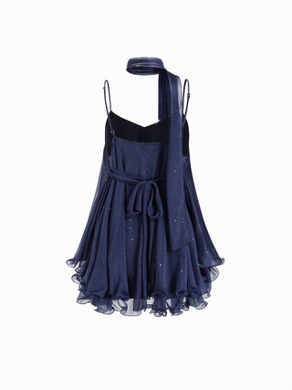 Sequin V-Neck Halter Ruffled Hem Oversized Mini Dress With Scarf