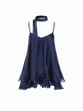 Sequin V-Neck Halter Ruffled Hem Oversized Mini Dress With Scarf