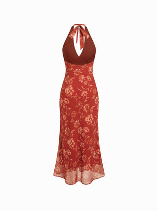 Chiffon Sweetheart Floral Backless Tie Back Mermaid Maxi Dress