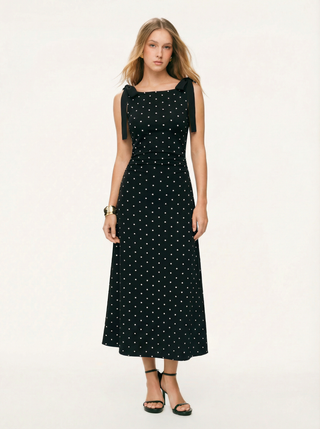 Cotton-blend Boat Neck Polka Dot Bowknot Midi Dress