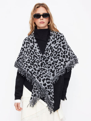 LEOPARD PRINT FRINGED SHAWL