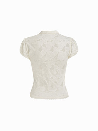 Lace Floral Stand Collar Bowknot Short Sleeve Top