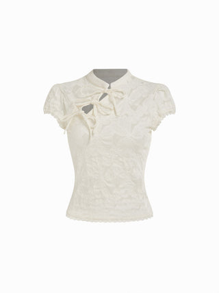 Lace Floral Stand Collar Bowknot Short Sleeve Top