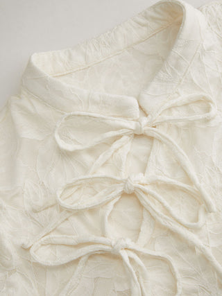 Lace Floral Stand Collar Bowknot Short Sleeve Top