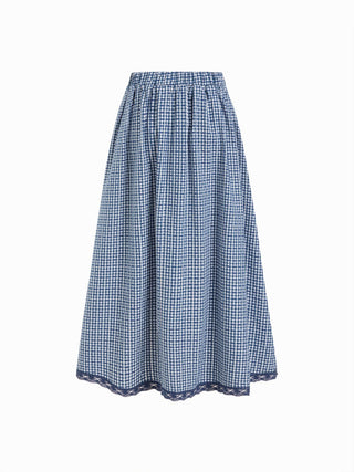 Woven High Rise Gingham Lace Trim A-line Maxi Skirt For Daily Casual Vacation