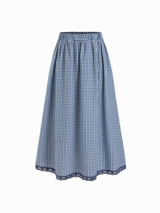 Woven High Rise Gingham Lace Trim A-line Maxi Skirt For Daily Casual Vacation