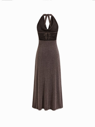 Metallic Cowl Neck High Rise Straight Maxi Dress