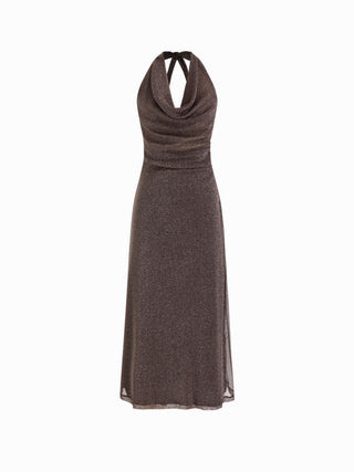 Metallic Cowl Neck High Rise Straight Maxi Dress