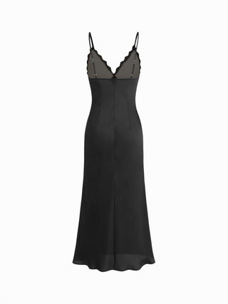 Satin V-Neck Lace Panel Mermaid Maxi Dress