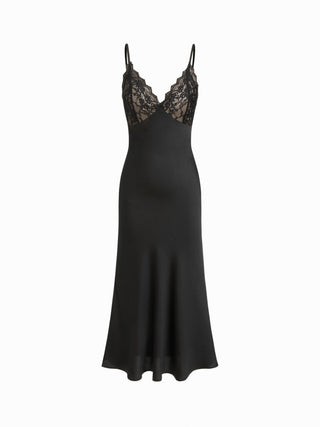 Satin V-Neck Lace Panel Mermaid Maxi Dress